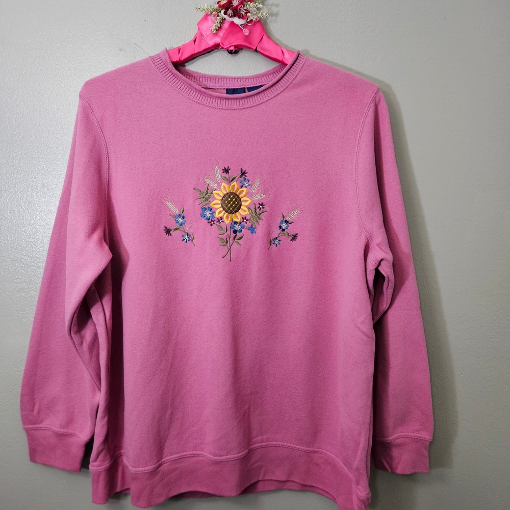 Vintage 90s Sunflower Embroidered Sweatshirt Womens 1X Pink Cottagecore Grandma